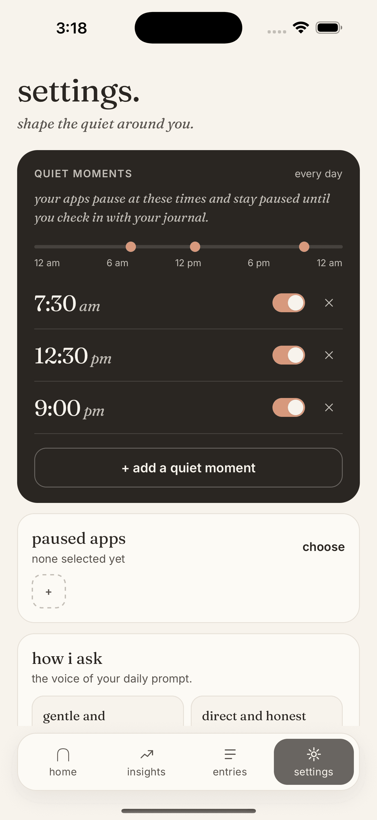 inward's settings screen with three blocked apps selected and a quiet moment set for 7:30 pm every day.